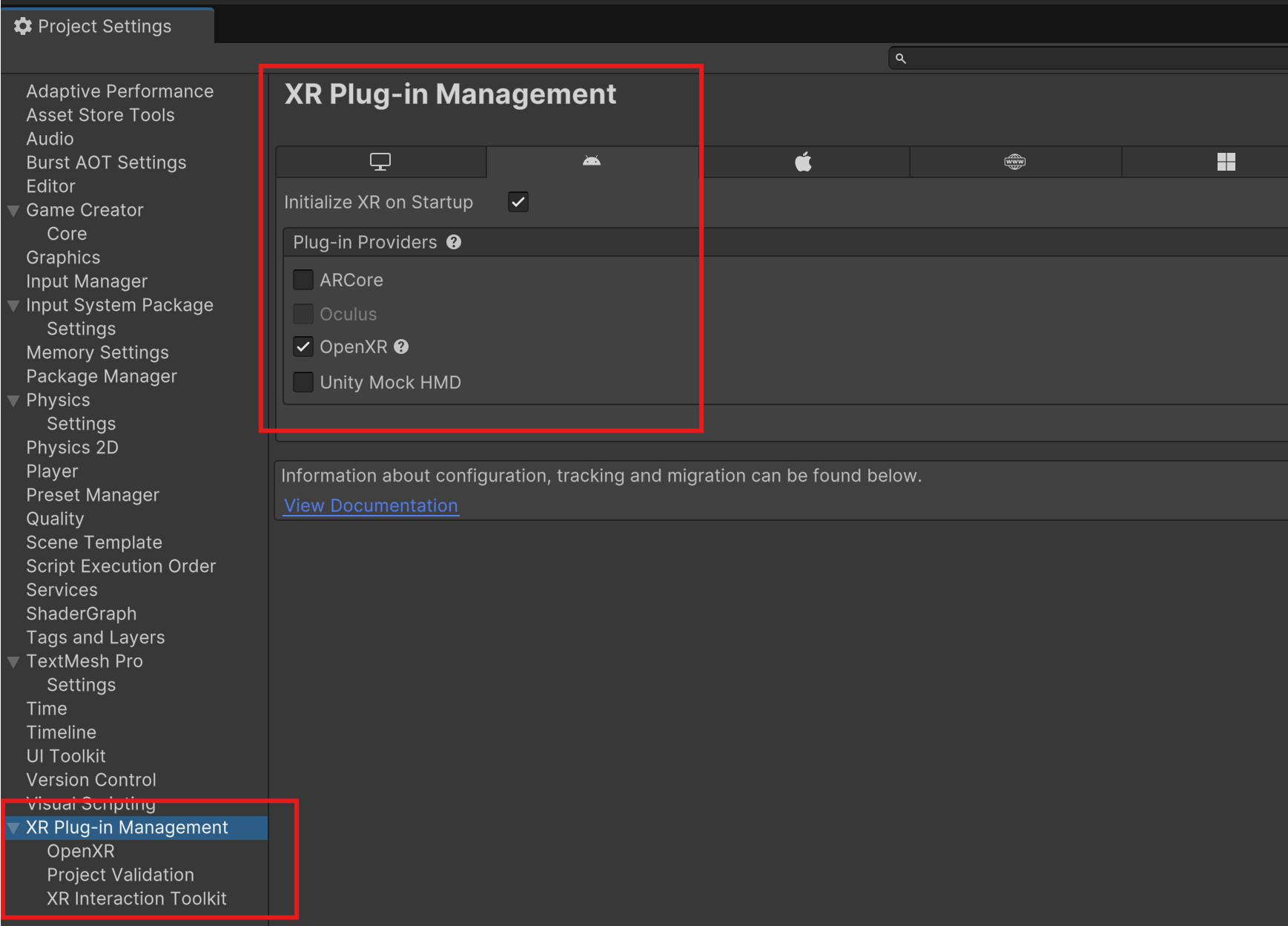 XR Plug-in Management, Android tab