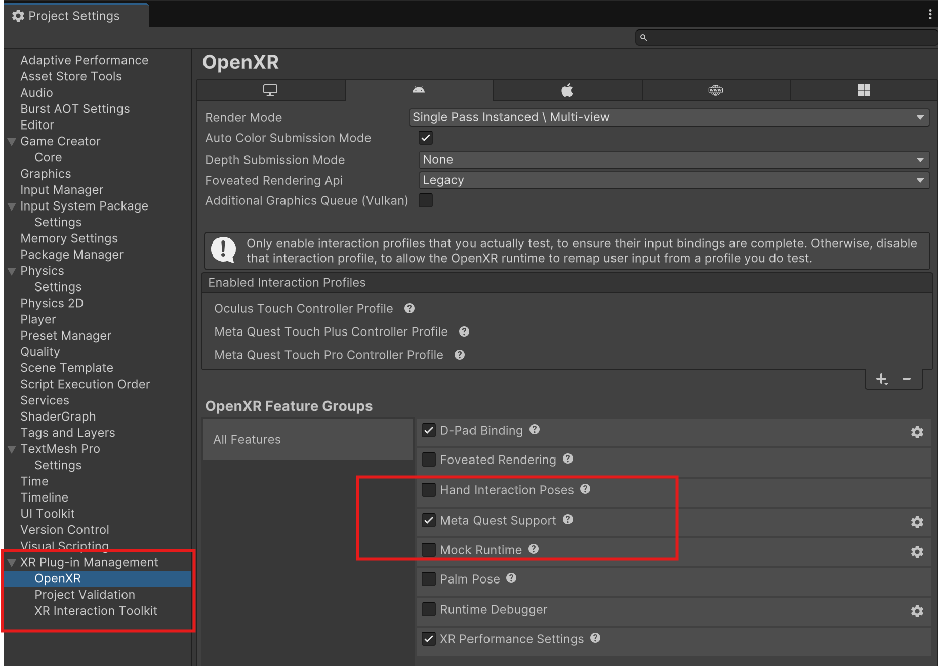 OpenXR settings, Android tab, Meta Quest feature