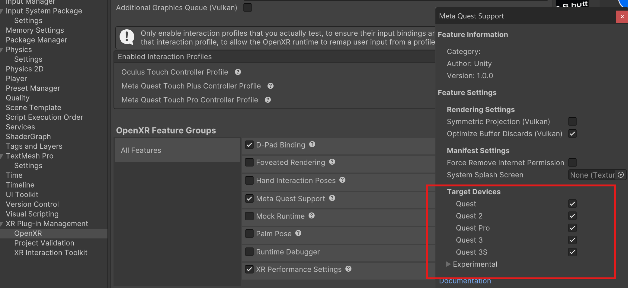 Meta Quest Support settings, target devices